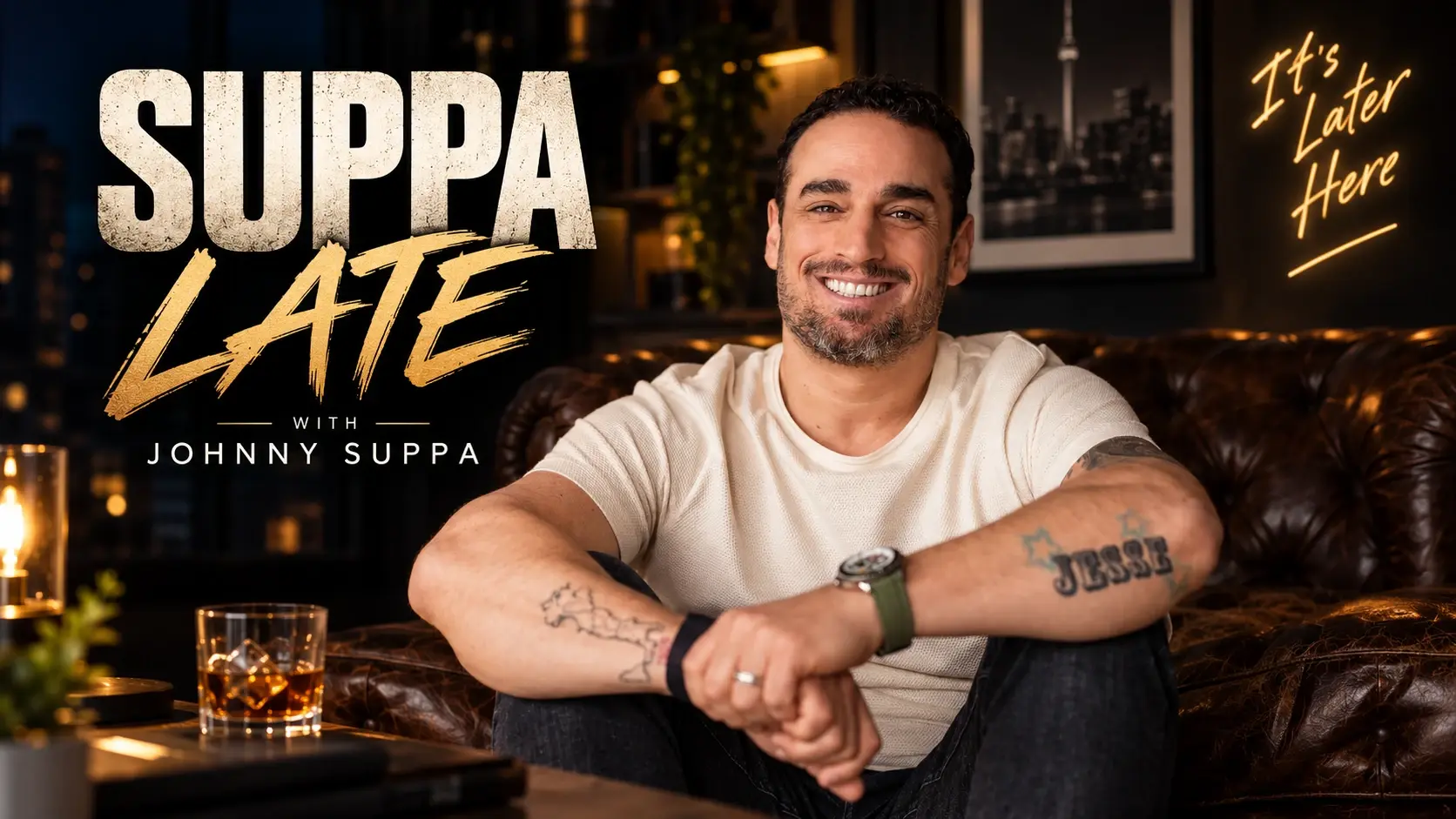 Suppa Late with Johnny Suppa. Johnny on a leather couch in a dark lounge overlooking Toronto at night.